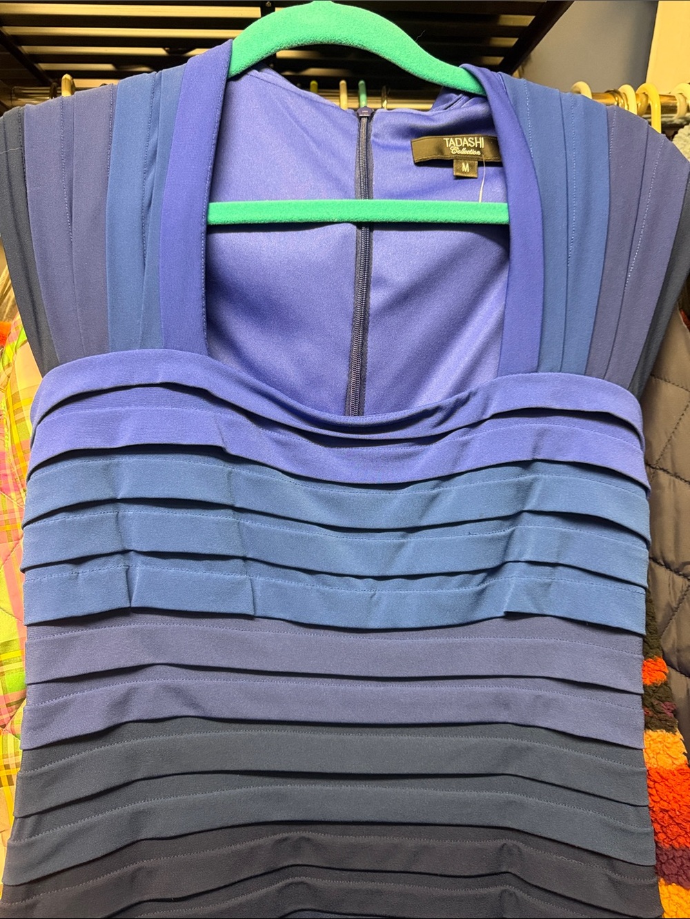 Tadashi Shoji Ombre Royal to Cobalt Pleated square Neck Dress
